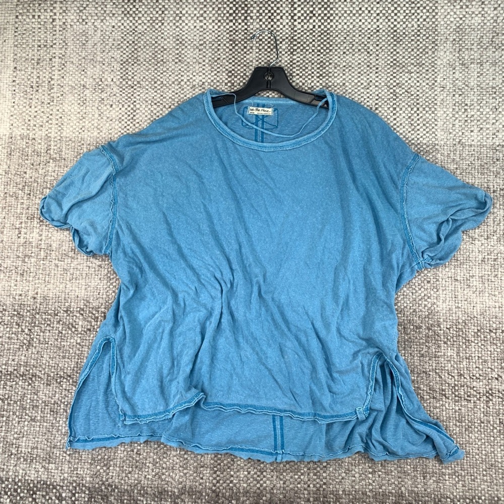 Free People We The Free T-Shirt Womens Medium Blue Linen Blend Raw Hem Boho